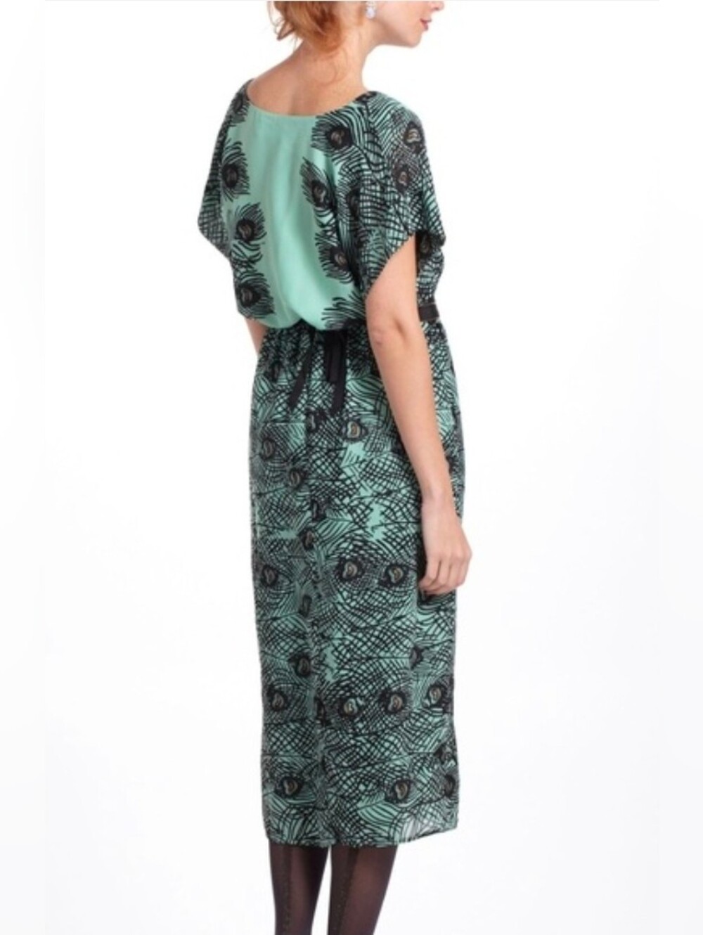 Corey Lynn Calter Anthropologie Mint Plumes Kimono Midi Dress Peacock Feather XS - Picture 2 of 10